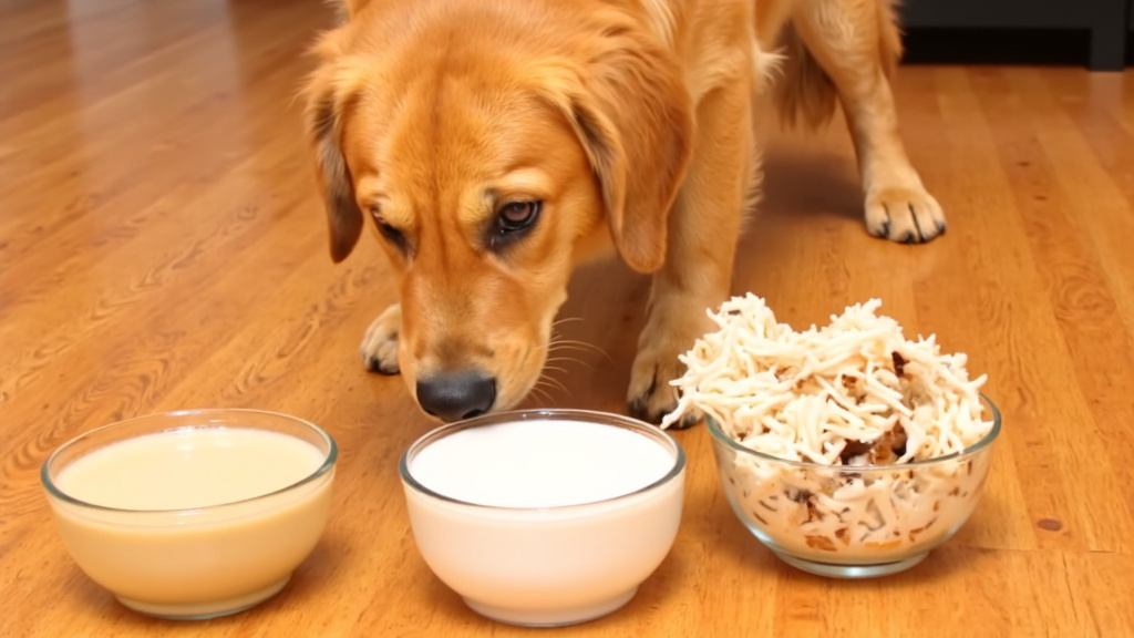 Curious Dog and Coconut Bowls Three bowls containing coconut water, milk, and shredded coconut flesh, with a curious dog sniffing.