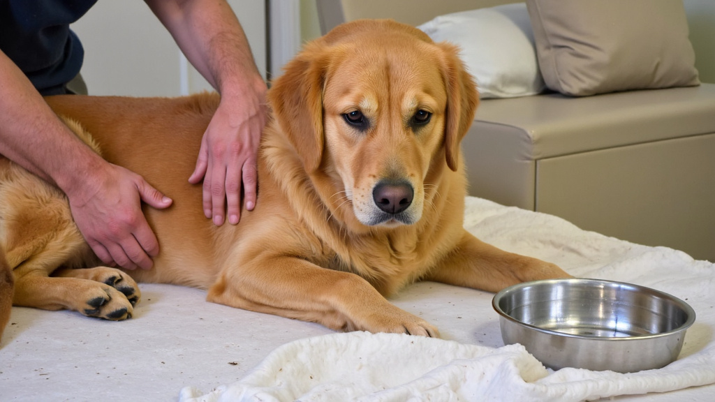 Owner Comforting Hiccuping Dog Concerned owner gently rubbing the belly of a hiccuping dog on a soft bed with a water bowl nearby.