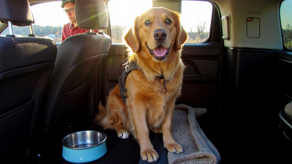 Comfortable Dog in Backseat Dog comfortably seated in backseat with harness, water bowl, and travel bed visible, driver checking rearview mirror.