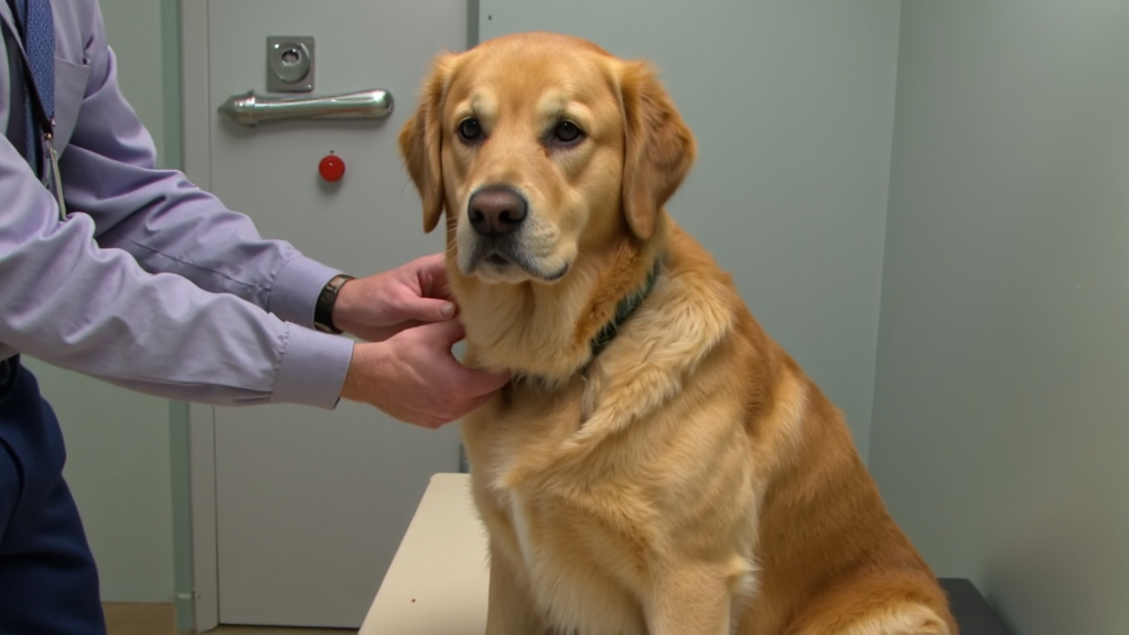 Proper Dog Tickling Technique Person demonstrating proper dog tickling technique on a calm Labrador with a focus on the chest area in a veterinary clinic background.