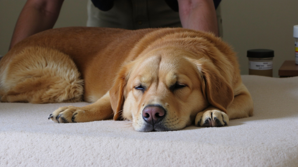 Drowsy Dog and Worried Owner Drowsy dog resting on bed with worried owner and pill bottle on nightstand