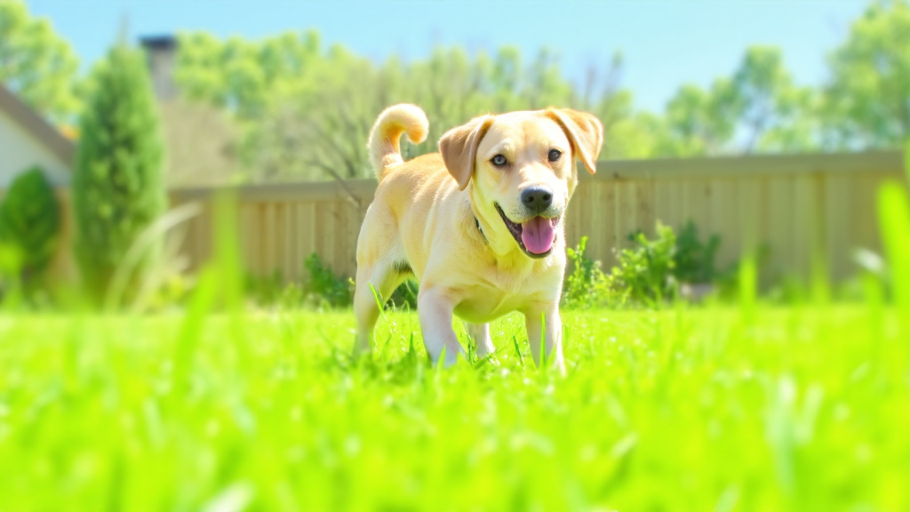 Happy Dog in Sunlit Garden Happy, healthy dog with clean ears playing in sunlit garden with natural cleaning products visible in background.