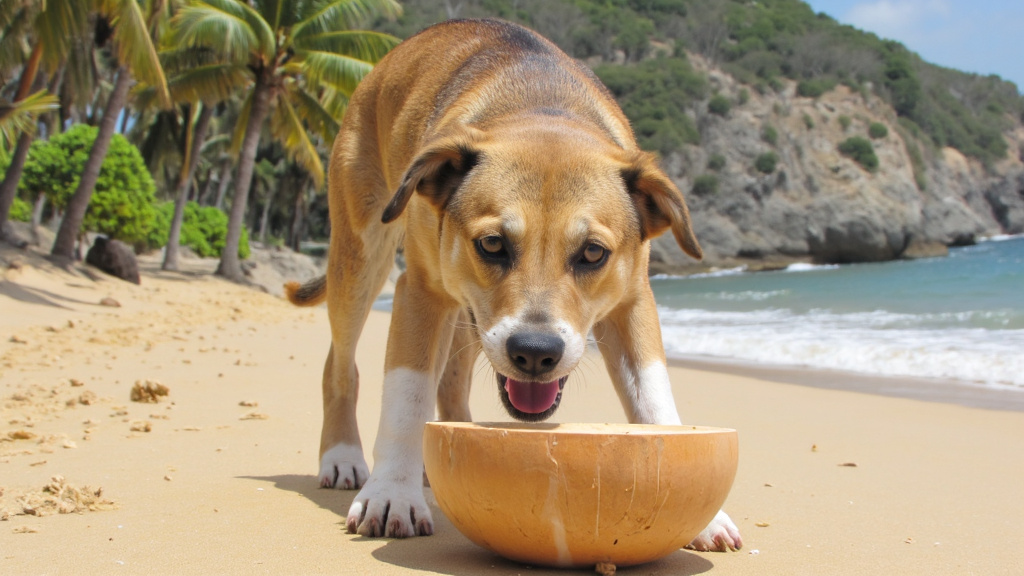 A happy dog lapping up coconut water from a bowl on a tropical beach with palm trees in the background and bright sunlight.
