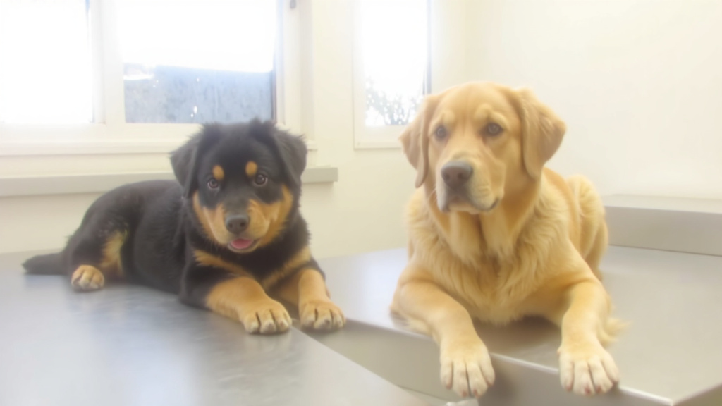 Hiccuping Puppy and Adult Dog Examination Side-by-side comparison of a hiccuping puppy and an adult dog on veterinary examination tables.
