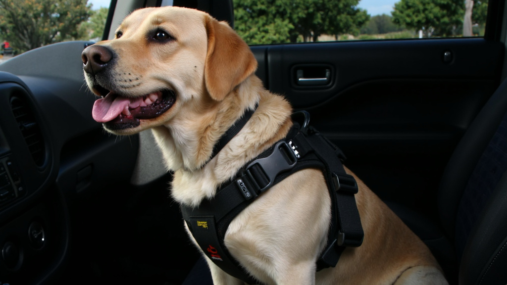 High-Quality Dog Car Harness Close-up of a high-quality dog car harness with adjustable straps, sturdy buckles, and padded chest plate