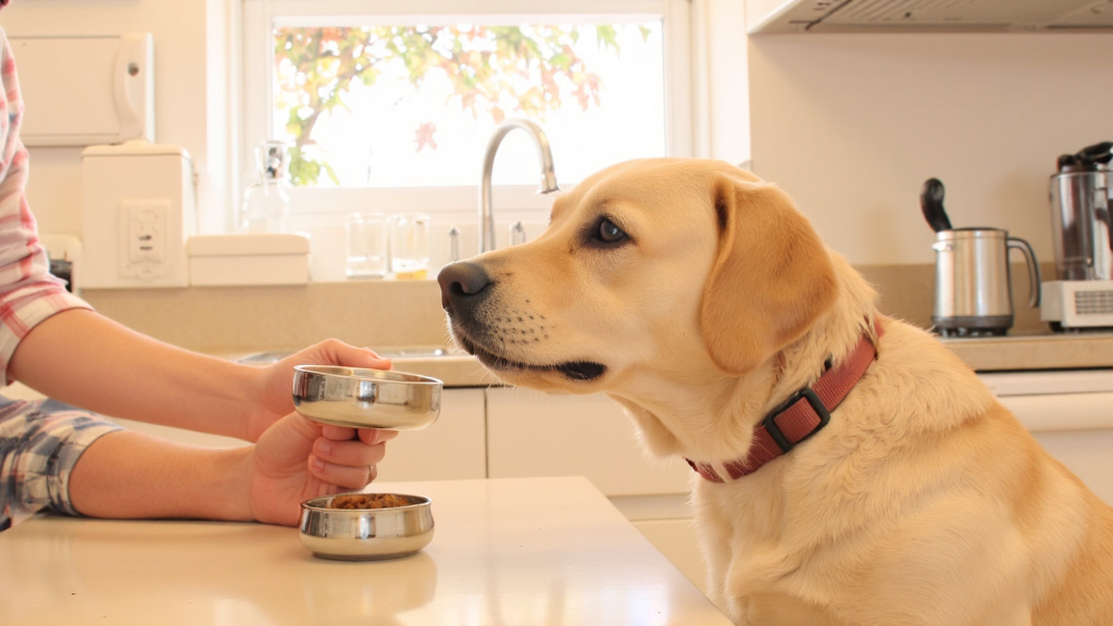 Owner Feeding Dog at Mealtime Owner slowly feeding a dog small portions from a raised food bowl in a kitchen with a clock showing mealtime