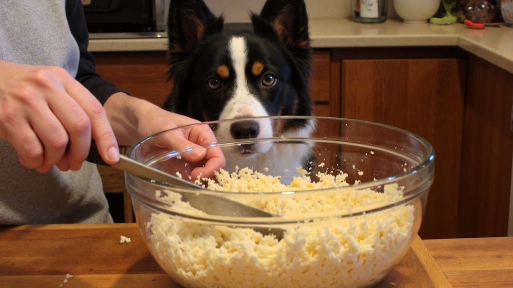 Mixing Natural Ingredients in the Kitchen Person mixing natural ingredients in a glass bowl with a dog watching curiously in a kitchen setting.