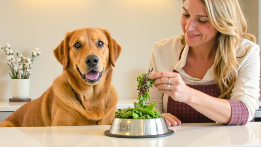 Woman Preparing Dog Food with Greens Smiling woman measuring portion of mixed greens into dog food bowl, dog watching eagerly