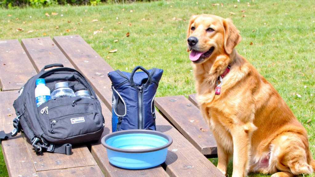 Outdoor Adventure Gear Setup Backpack with water bottles, collapsible dog bowl, and cooling vest laid out on a picnic table
