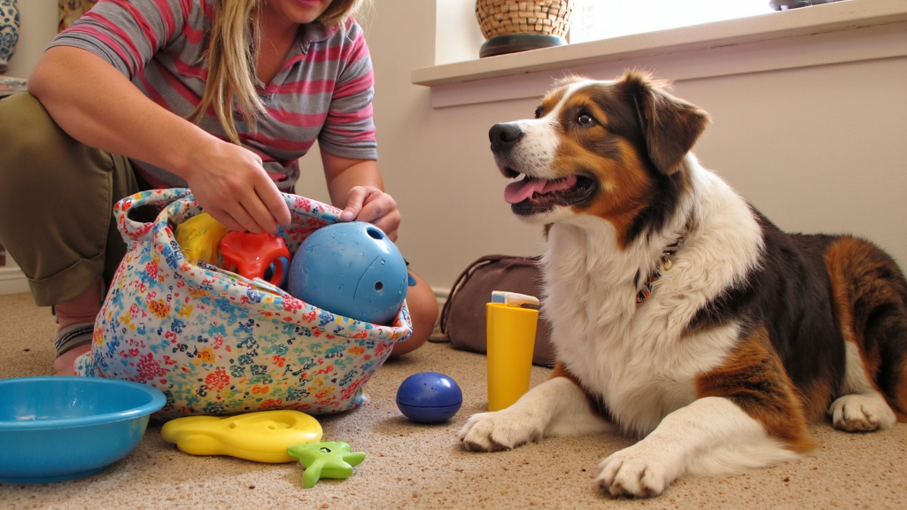 Beach Day Preparation with Border Collie Owner packing a beach bag with dog toys, water bowl, and sunscreen while an excited border collie sits nearby in a home setting.