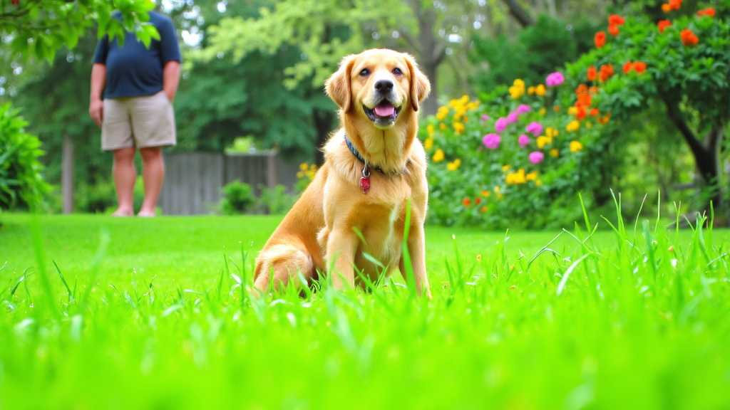 Concerned Dog Owner Observing Pet Concerned dog owner observing their pet struggling to defecate in backyard, realistic setting