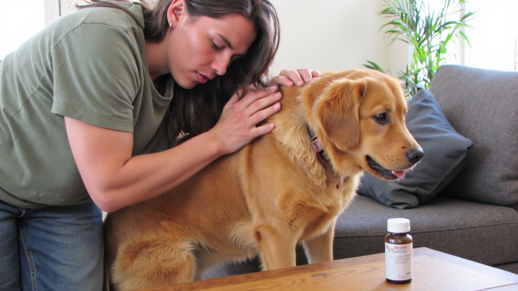 Concerned dog owner comforting a limping golden retriever in a living room with soft natural light and a veterinary prescription bottle visible on a nearby table.