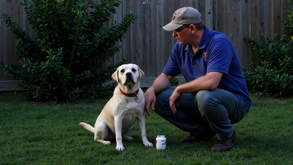 A concerned dog owner kneeling beside a visibly uncomfortable Labrador in a backyard.