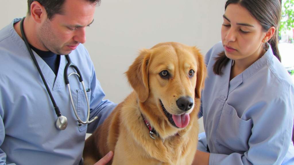 Consulting with Veterinarian on Dog's Health Concerned pet owner consulting with veterinarian about dog's digestive health in a modern vet clinic.