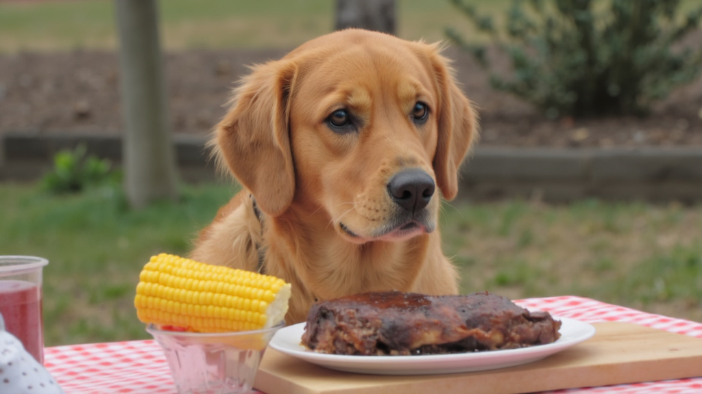 Dog Watching BBQ Ribs and Corn A dog longingly eyeing a plate of ribs and corn on the cob at a backyard BBQ with a red 'X' overlay.