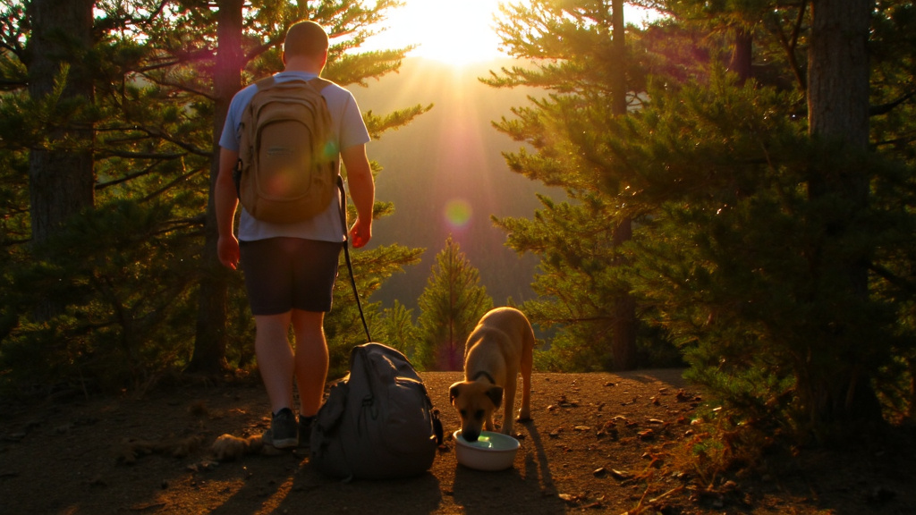 A dog and hiker on a sunlit forest trail, dog drinking from a portable water bowl, early morning light filtering through pine trees.