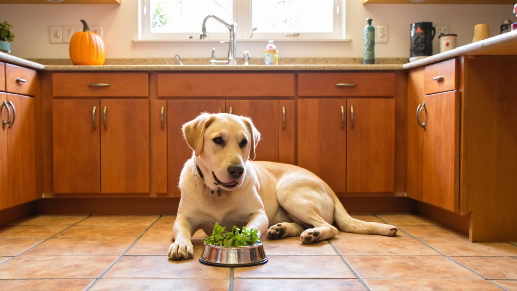 Dog Owner Preparing Fiber-Rich Food for Dog Dog owner adding fiber-rich food to dog bowl in kitchen with a pumpkin can visible nearby