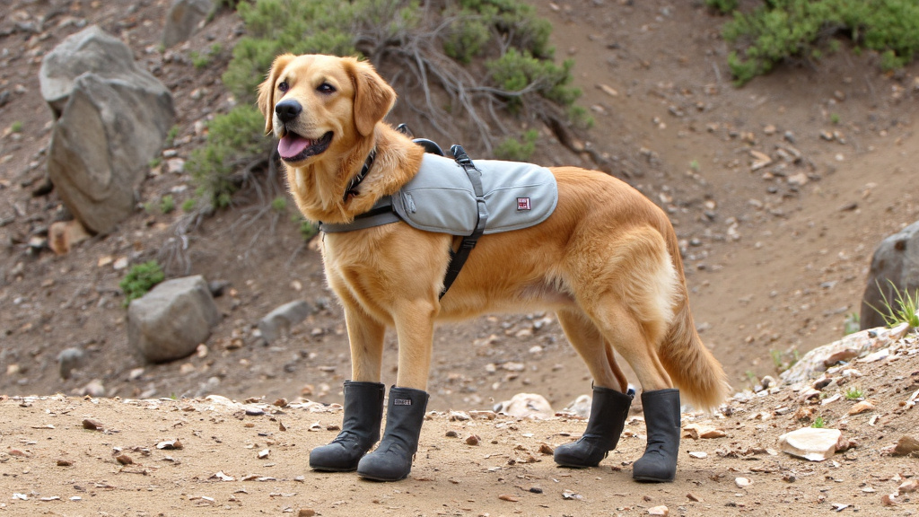Dog on Rocky Trail in Protective Gear Dog wearing protective boots and light-colored cooling vest on rocky trail.