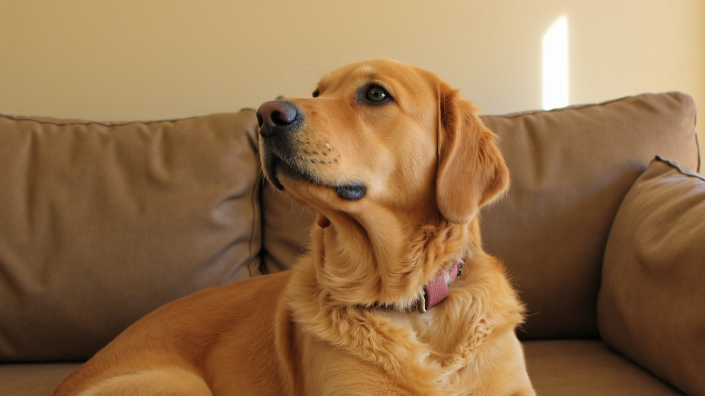 Dog scratching its neck with small skin tags visible in a cozy living room setting.