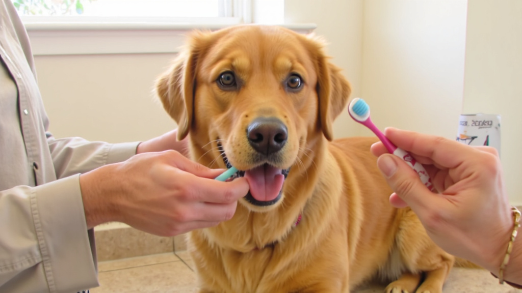 Brushing Dog's Teeth Owner brushing dog's teeth with special canine toothbrush and toothpaste, dog looking cooperative