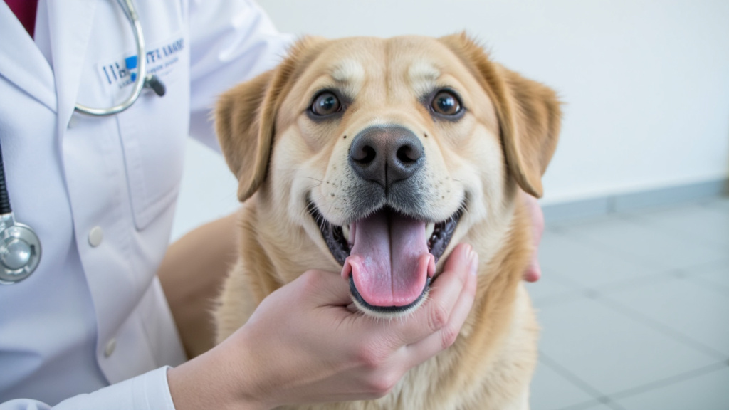 Close-up of a dog's open mouth showing healthy teeth with a veterinarian's hands examining using a dental tool in a clean clinical setting.