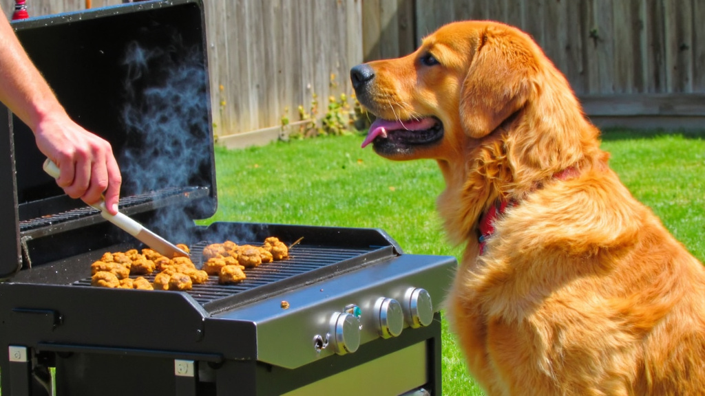 Grilling Dog-Safe Treats Person grilling dog-safe treats on a small section of a BBQ grill, with an eager dog watching.