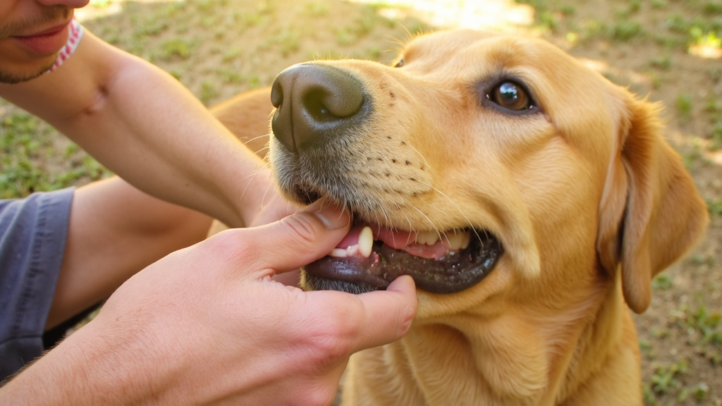 Concerned Owner Examining Dog's Mouth Close-up of a dog's mouth showing discolored teeth and inflamed gums with a concerned owner examining.