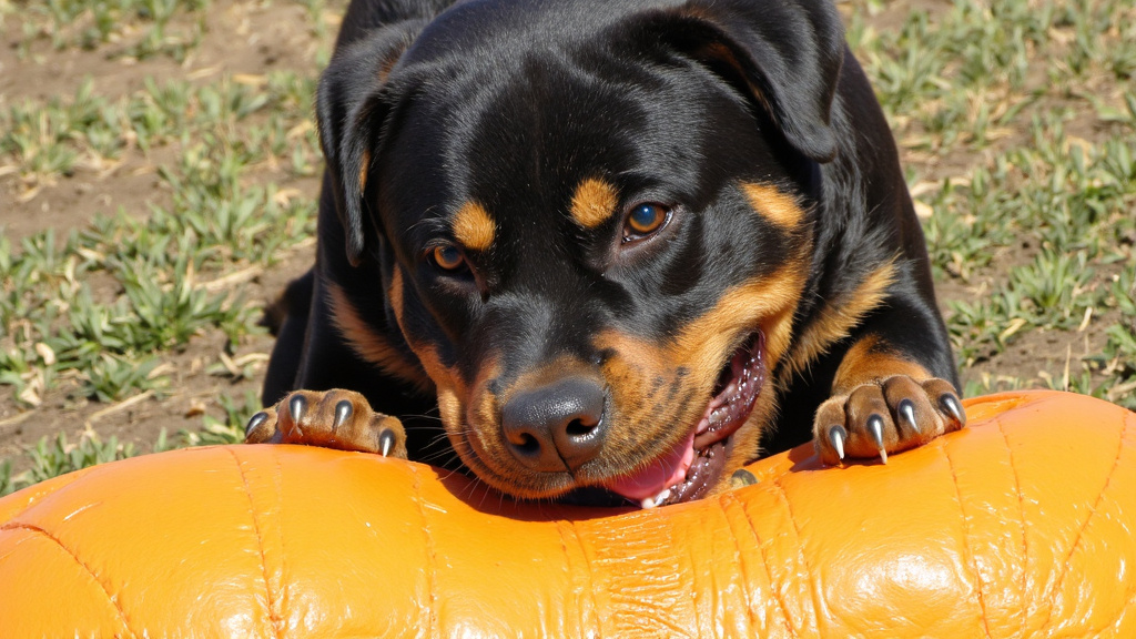 Close-up of a durable rubber dog toy being chewed by a large dog.