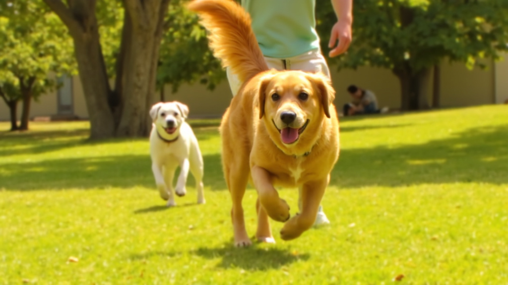 Elderly Dog Running Playfully in Park Elderly dog running playfully in a park with owner in background holding a probiotic treat on a sunny day.