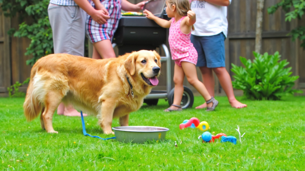 Family BBQ with Dog in Backyard Family enjoying a BBQ in the backyard with a dog safely tethered nearby, water bowl and dog toys visible.