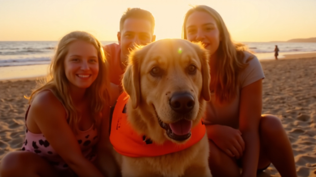 Family Selfie at Sunset on Beach Family taking selfie with their dog at sunset on beach, dog wearing life jacket.