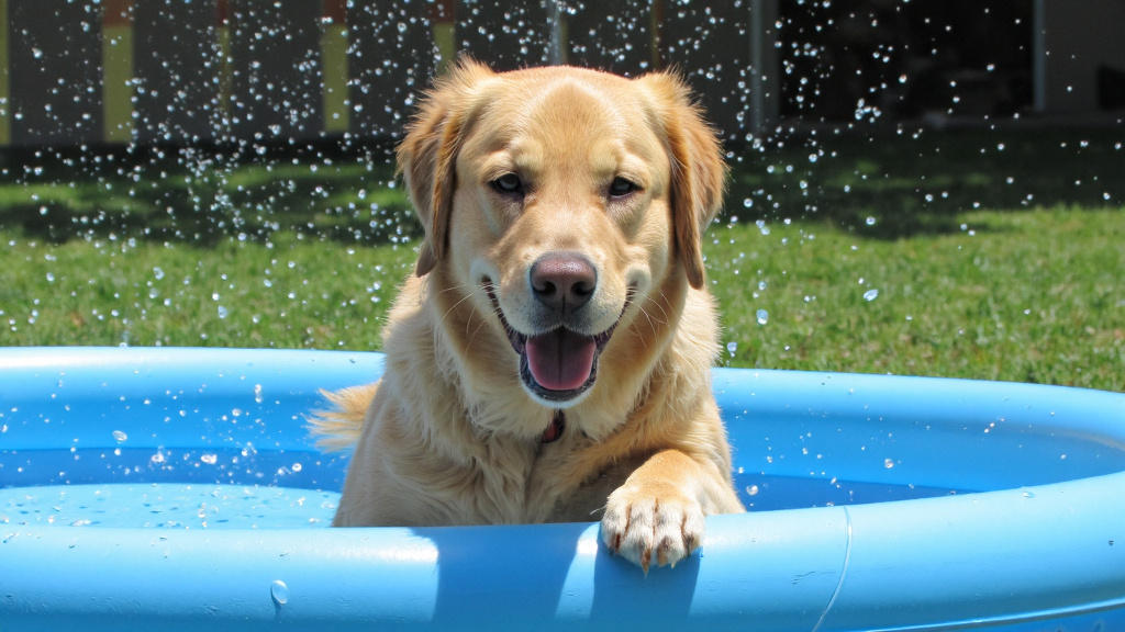 Golden Retriever Splashing in Kiddie Pool Golden retriever joyfully splashing in a kiddie pool with a sprinkler in the background