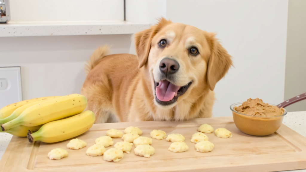 Happy Dog Watching Owner Prepare Treats Happy dog eagerly watching owner prepare frozen treats in kitchen with ingredients visible.