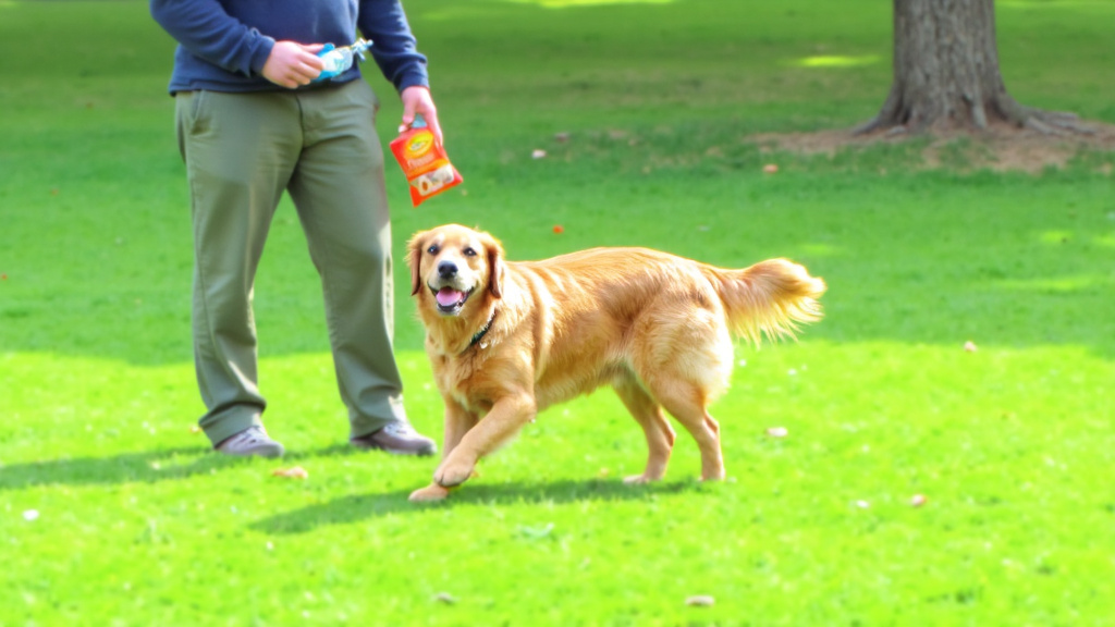 Happy Dog Playing in Park Happy, healthy dog playing in park after eating balanced meal, owner holding water bottle and healthy treats.