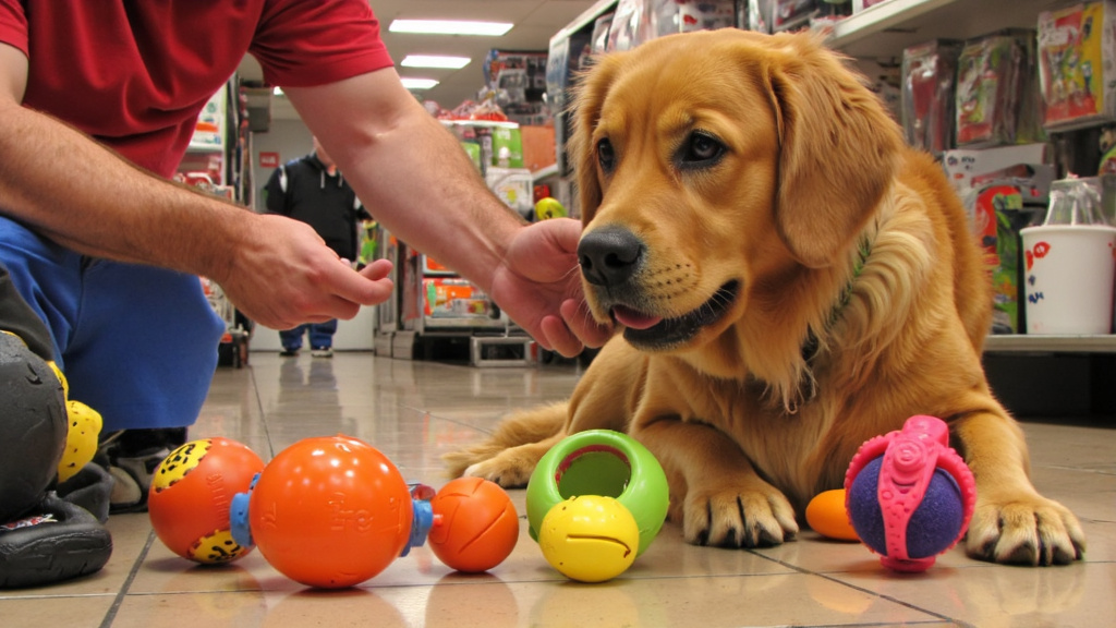 A pet owner comparing different sized indestructible dog toys to their dog's mouth size in a pet store aisle