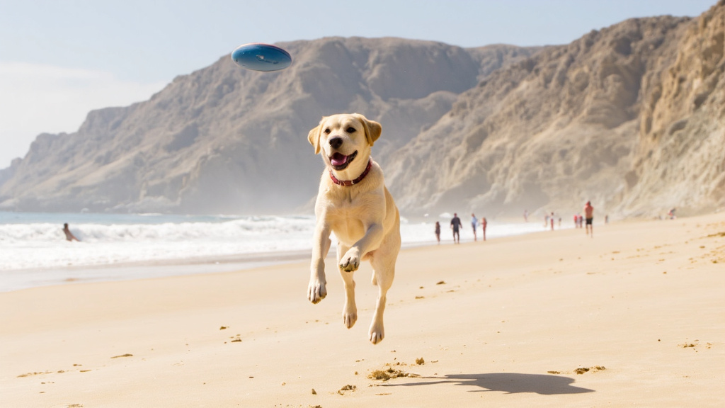 Labrador Retrieving Frisbee on California Beach Labrador retriever chasing a frisbee on a scenic California beach with cliffs and surfers in the background during golden hour.