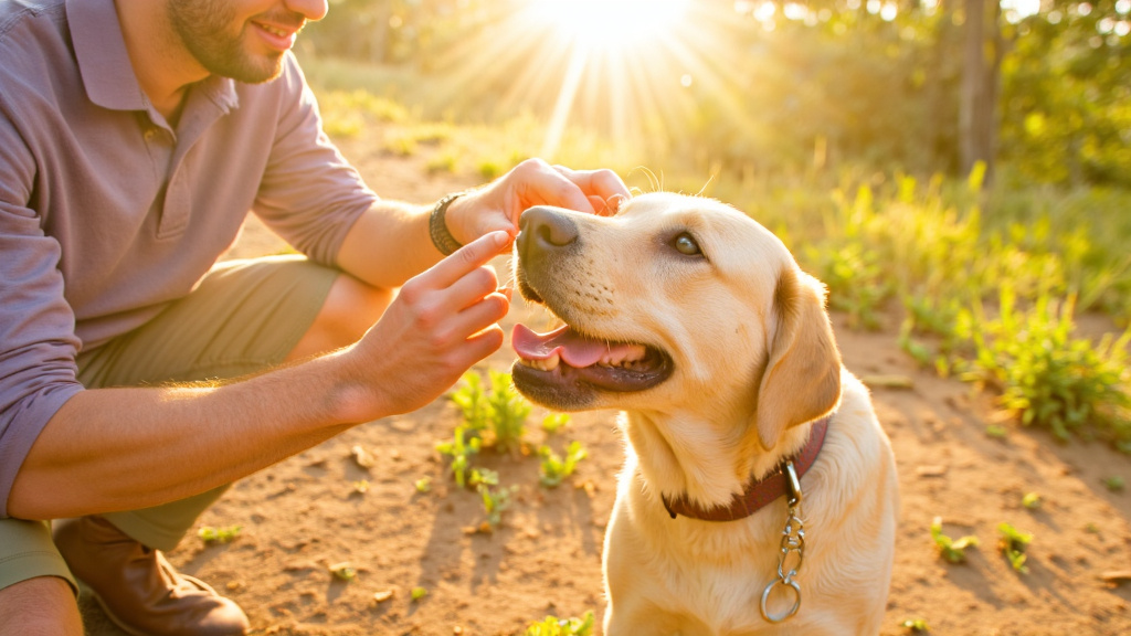 Dog Care Before Hiking Owner checking dog's paw pads and applying sunscreen to dog's nose before hike