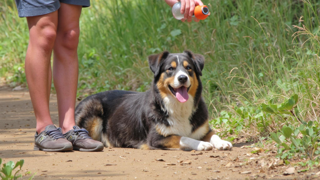 Resting Dog on Hiking Trail Panting dog resting in shade on a hiking trail on a hot summer day with owner offering water.