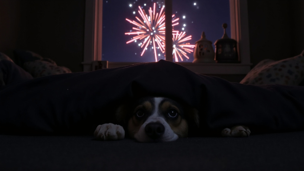 A scared dog hiding under a bed, with visible paws and eyes, colorful fireworks seen through a window.