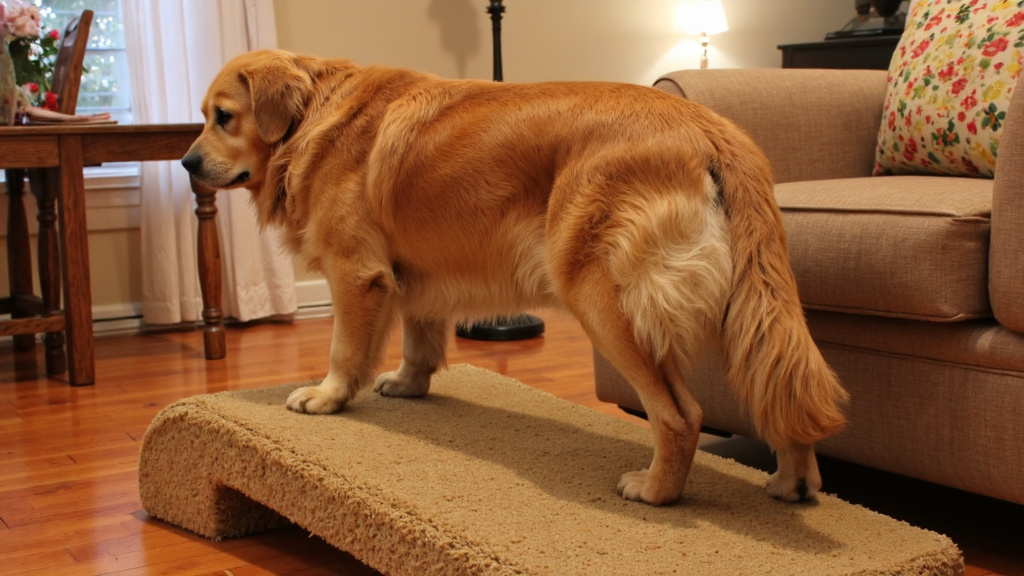 Senior Dog Using Carpeted Ramp Senior dog comfortably using carpeted ramp to access couch in cozy living room.