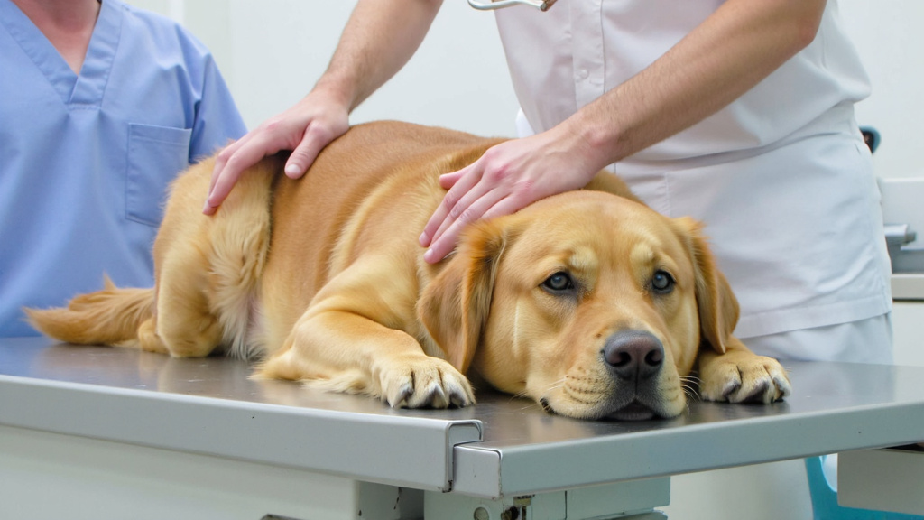 Sick dog lying on veterinary examination table, vet checking vital signs