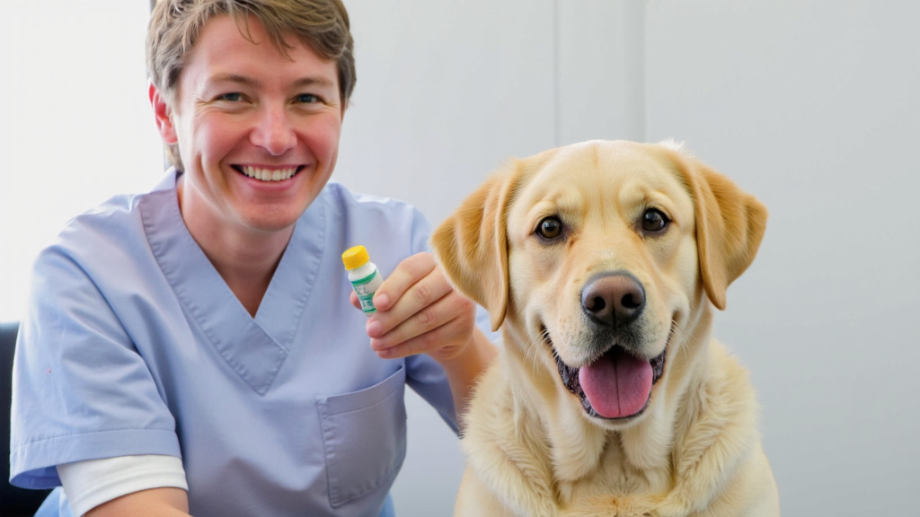 Vet with Dog Pain Medication Smiling vet holding dog-specific pain medication bottle next to a relaxed, comfortable dog