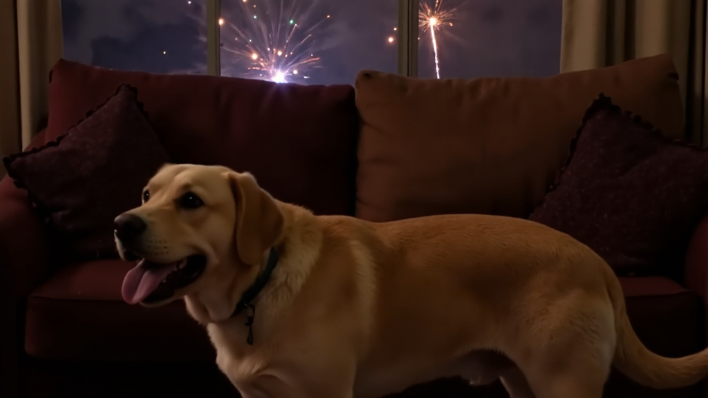 Stressed Dog in Living Room Dog exhibiting signs of stress, panting with ears back and tail tucked in a living room during distant fireworks sounds.