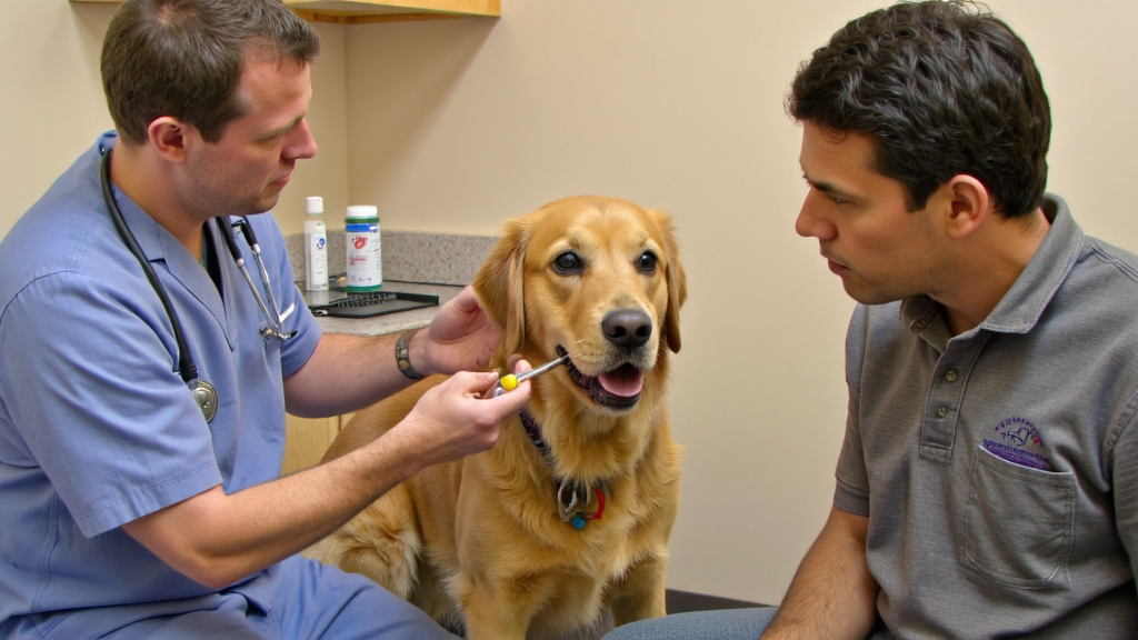 Veterinarian examining a healthy dog while discussing supplements with a concerned owner in a clinic setting.