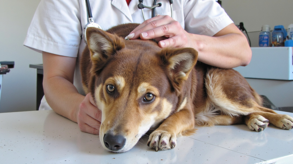 Soothing Cream Application for Dog's Sunburn Veterinarian applying soothing cream to a dog's sunburned areas in a clinic setting