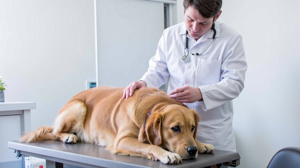 Veterinarian administering canine-specific pain medication to a relaxed dog in a modern vet clinic.