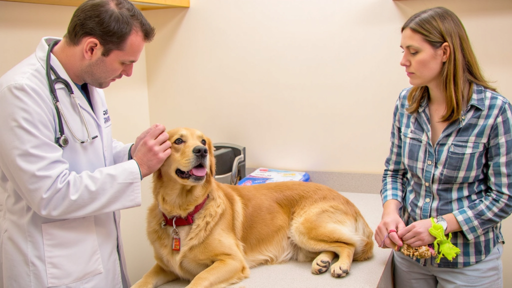 Veterinarian examining a chewed tough dog toy, pointing out potential hazards to a concerned pet owner