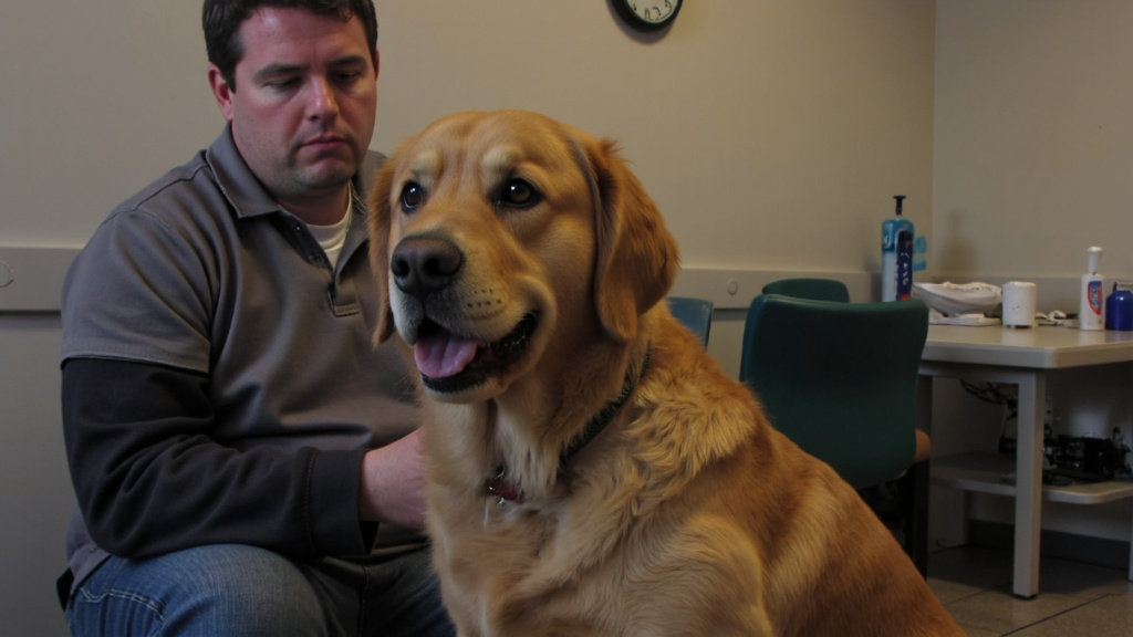 Worried Pet Owner in Veterinary Waiting Room Worried pet owner in veterinary waiting room with visibly uncomfortable dog, clock showing late hour.