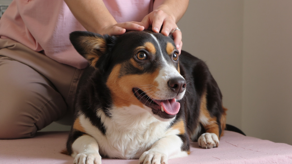 An anxious border collie receiving a calming head and neck massage from a professional therapist in a soothing home environment, showing visible tension release.