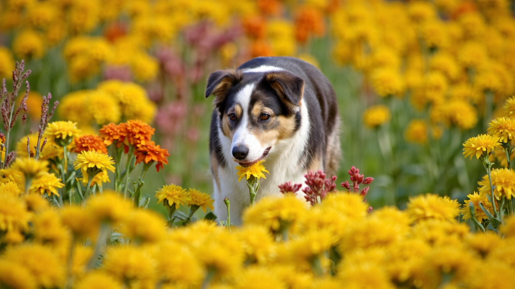 Australian shepherd sniffing vibrant autumn flowers in a lush garden